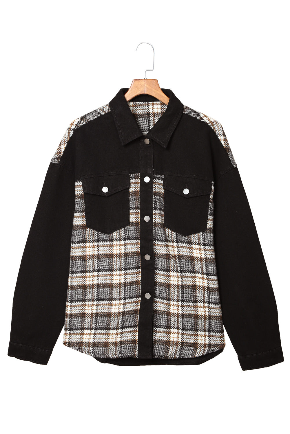 Black Plaid Patchwork Raw Hem Denim Jacket