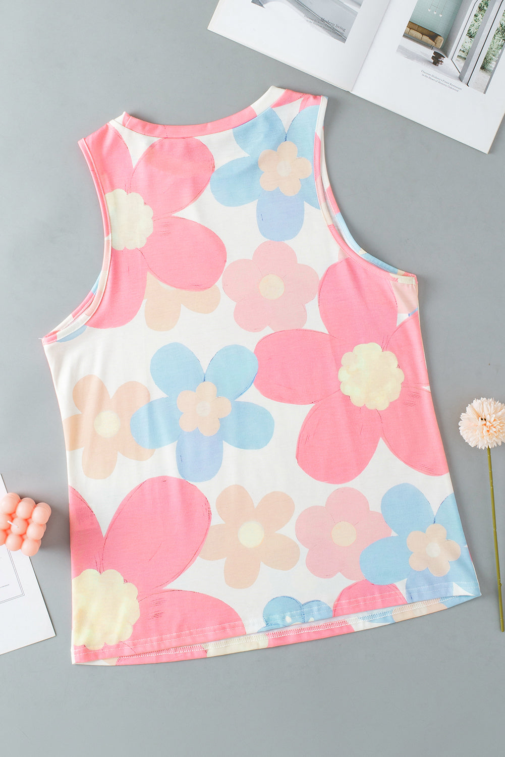 Pink Floral Print Round Neck Sleeveless Top