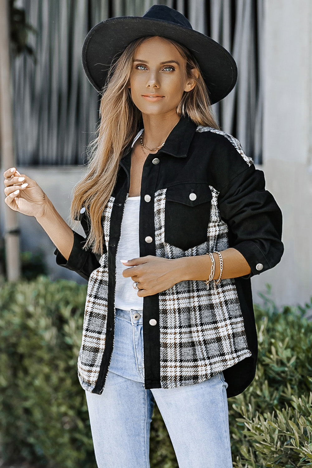 Black Plaid Patchwork Raw Hem Denim Jacket