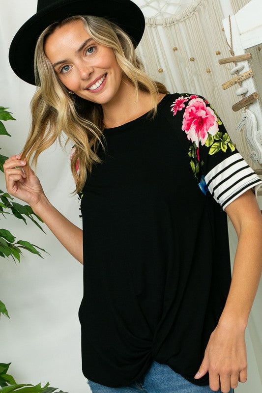 SOLID FLORAL JERSEY MIXED TOP