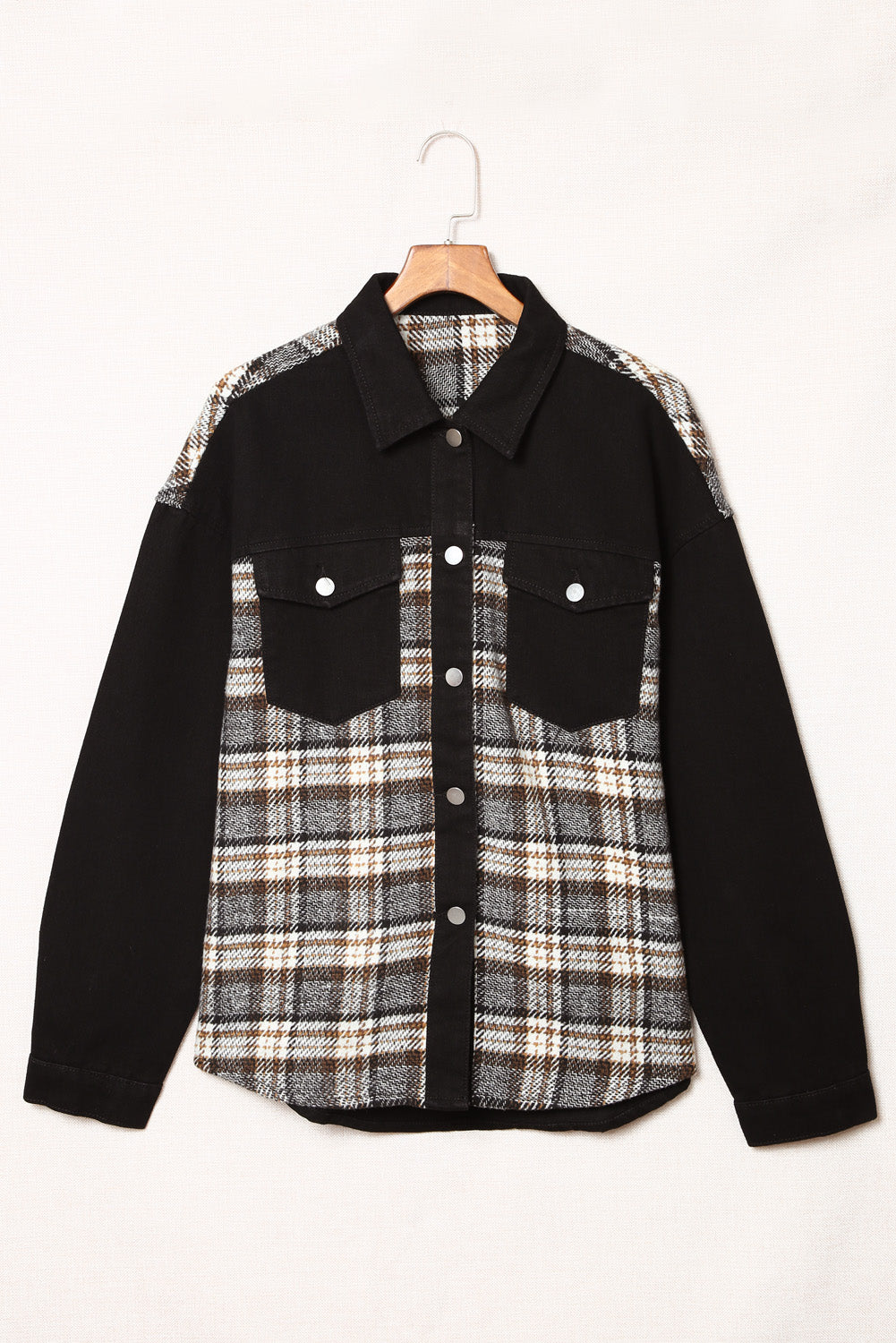 Black Plaid Patchwork Raw Hem Denim Jacket